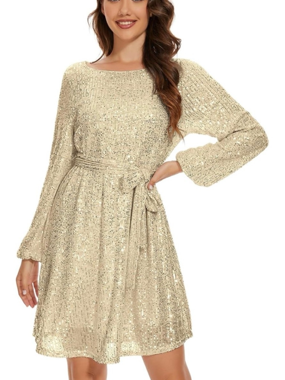 Gold Sequin Long-Sleeve Belted Party Dress